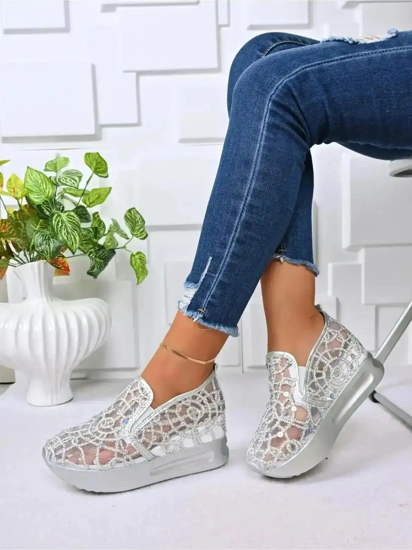 Women's Silver Mesh Rhinestone Slip-On Platform Sneakers Hollow Knit Breathable Casual Shoes with Wedge Sole Summer Fashion Loafers Slip On Lightweight Style Women Ladies Feminine Chic Pointed Pair Trendy All daily