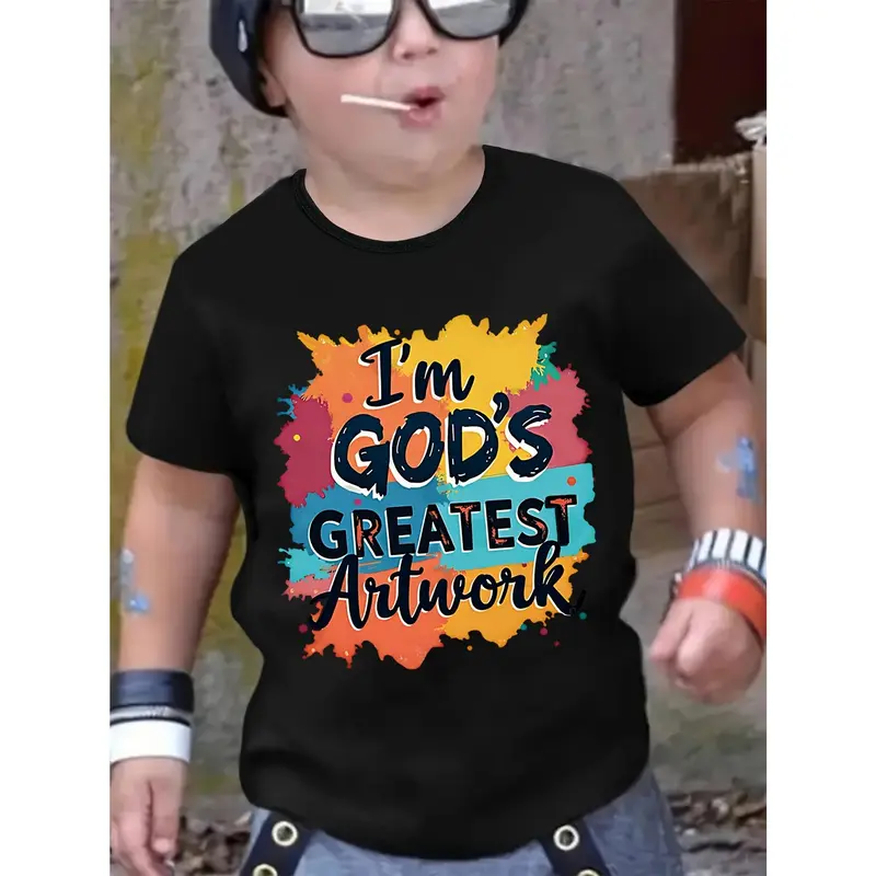 1pc Kids' God's Artwork Print Black TShirt, Crew Neck, Casual Cotton Tee, Medium Stretch Knit Fabric, Regular Fit for Boys& Girls Children, Alphabet Pattern, for Spring/ Summer/ Fall Easter, Thanksgiving, Christmas, I'm GOD's GREATEST Artwork