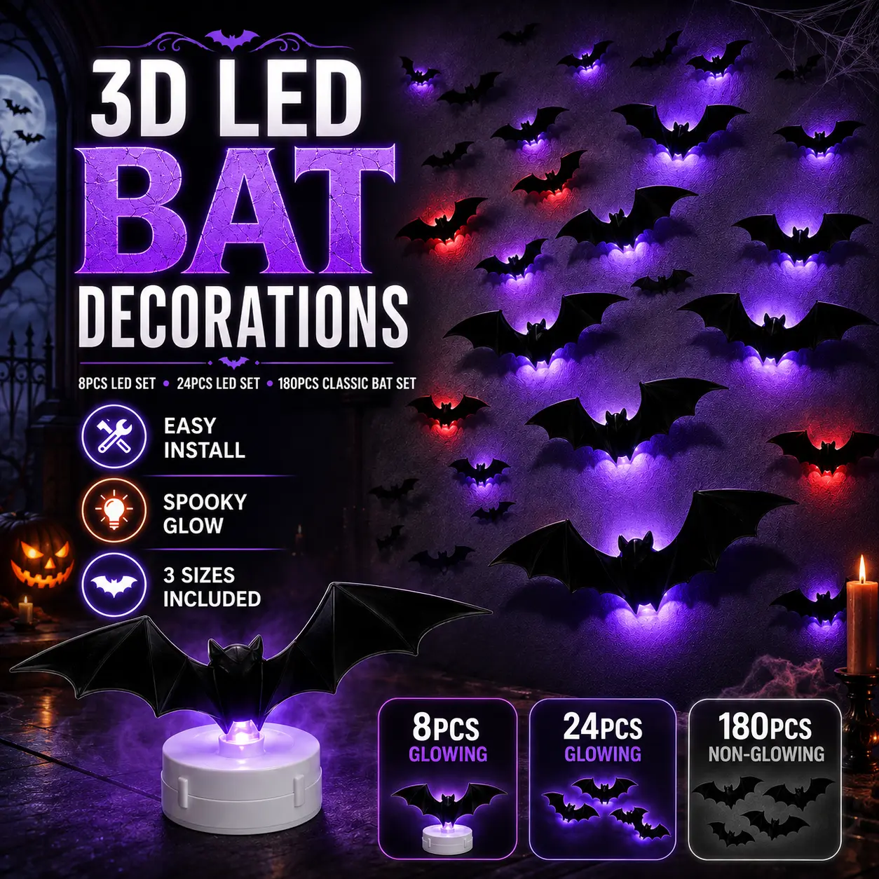 3D Bat Wall Decorations, 8PCS/24PCS LED Glowing Bats or 180PCS Non-Glowing Bats, Bendable Halloween Wall Stickers, Easy-Install Battery-Powered Spooky Decor for Home, Party, Windows & Doors