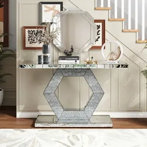 Sparkling Crystal Hexagon Mirror Console Table - Premium Modern Dual-Tier Luxury Sofa Table with Diamond Glass Effects for Entryway/Foyer, 55L x 14.17W x 31.5H in, Spring Glow Up