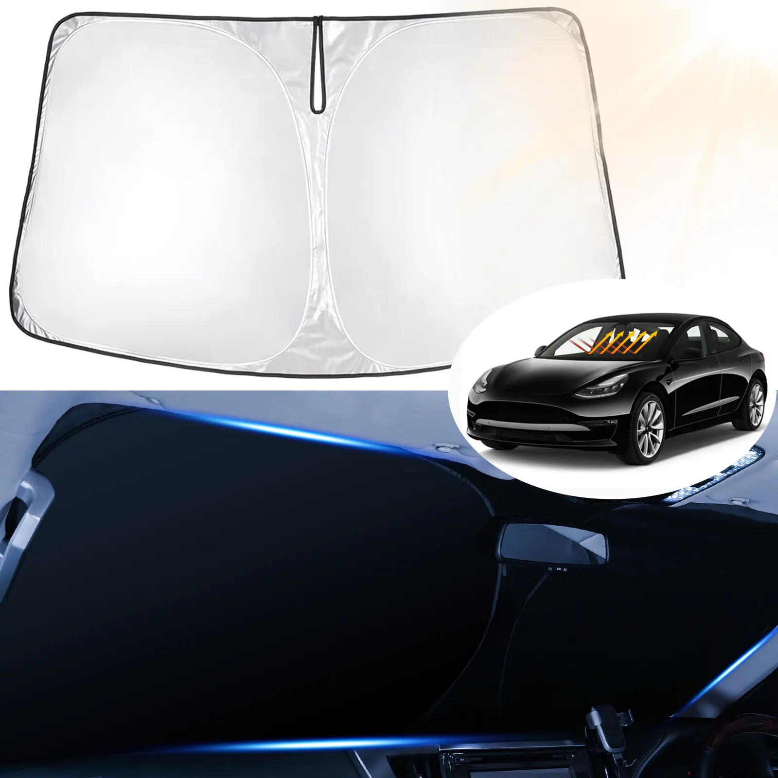 Canvcle Windshield Sun Shade for 2017-2026 Tesla Model 3 & 2020-2026 Model Y Upgraded 240T 5 Layers Materials Front Window Shade Cover for Model Y Foldable Sunshade for Model 3