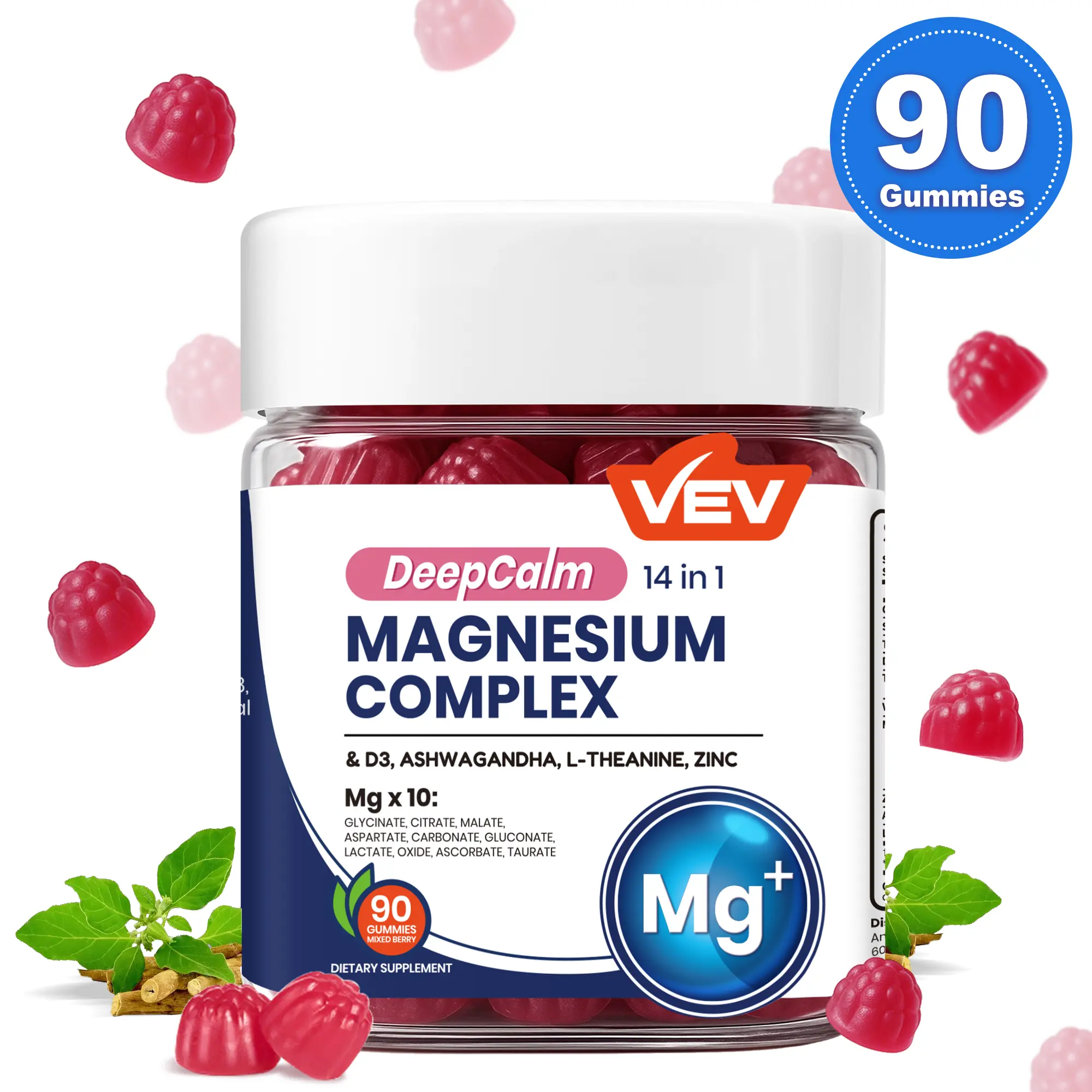 VEV DeepCalm 14-in-1 Magnesium Complex Gummies, Blended Supplement - Ashwagandha, L-Theanine, D3 & Zinc, Daily Health Bundle, 90 Count
