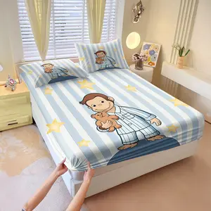 Blue striped pajamas cute monkey printed bed sheet set, Includes 1 Fitted Sheet & 2 Pillowcases without Filler. Lively & playful, soft & skin-friendly, ideal kids’ bedding, suitable for all seasons.