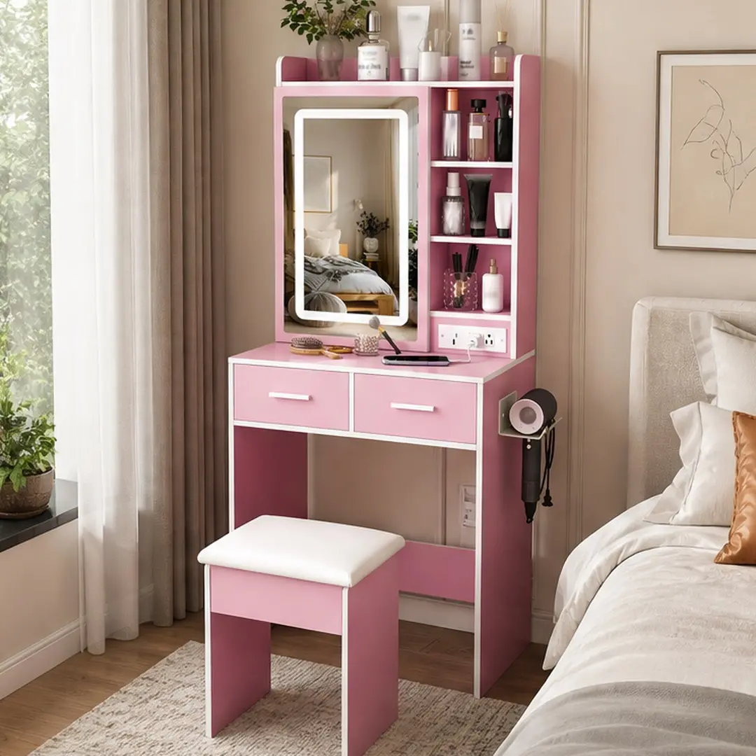 ARCH Unisex Small Modern Makeup Dresser - High-Brightness Mini-LED Multi-Spectrum Lighted Vanity with Adjustable Lights, Built-in Power Outlet, Hidden Storage, Padded Stool, Shelf, Hair Dryer Stand, Space-Saving Pink MDF Table for Small Bedrooms, Vanity O