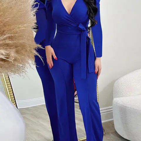 Women's Plain Chic Wrap Knot Front Seam Jumpsuit, Elegant Fashion Jumpsuit, Elegant Leg-of-mutton Sleeve Deep V Neck Long Sleeve Jumpsuit for Parties, Holiday and Wedding Guest, Ladies Womenswear Clothes for All Seasons