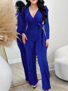 women's plain wrap knot front jumpsuit, formal chic elegant formal leg-of-mutton sleeve deep v neck jumpsuit for party holiday wedding guest, long sleeve ladies clothes for all seasons, womenswear, tie waist jumpsuit