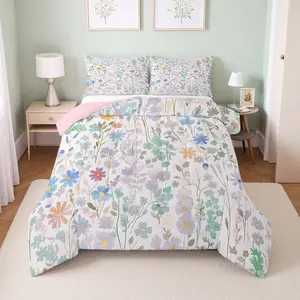 Colorful Floral Bedding Set,Green Blue Cute Flower Comforter Set,Boho Home Decor,Watercolor Wildflower Quilt Bed Set,Wild Flowers Bed Comforter Set