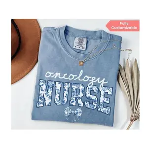 Comfort Colors Oncology Nurse Shirt Toile Blue Floral Graphic Tee for Graduation Gift Unisex Oversize Cotton Crew Neck Casual Summer Top Fabric Tshirt