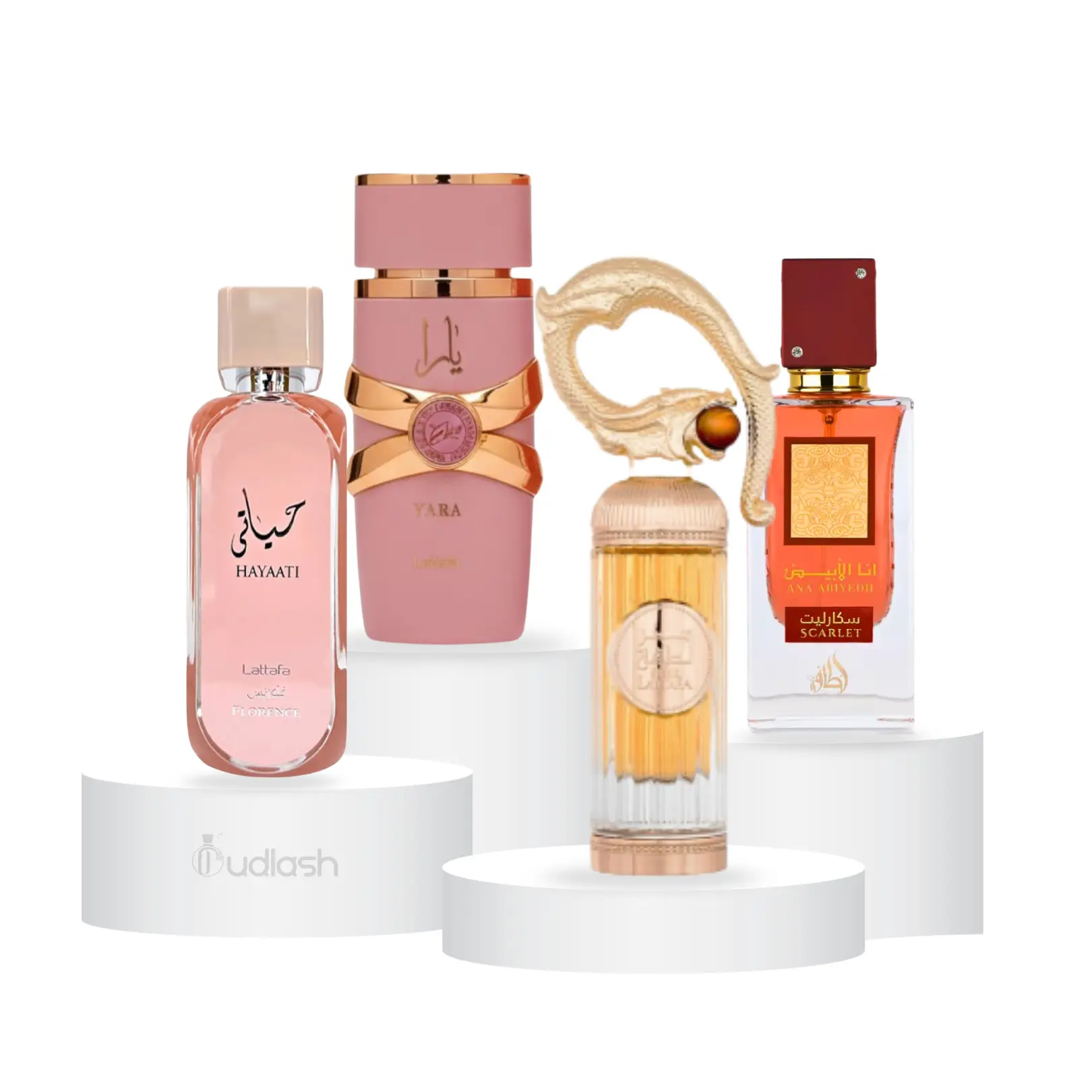 El Habibi Barato Bundle | Lattafa | Ana Abiyedh Scarlet + Hayaati Florence + Sehr + Yara Elixir | Women’s Fragrance | 100 ML - 3.4 OZ | Eau De Parfum | Black Cherry - Strawberry S’mores & Cinnamon