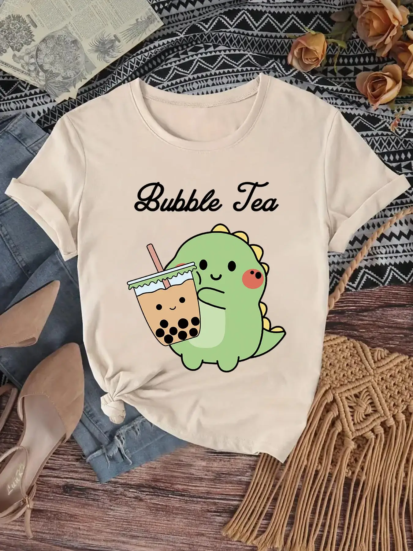 Girl's Cartoon Dinosaur & Letter Print Round Neck Tee, Cute Casual Short Sleeve T-shirt for Summer, Kids Clothes for Daily Wear