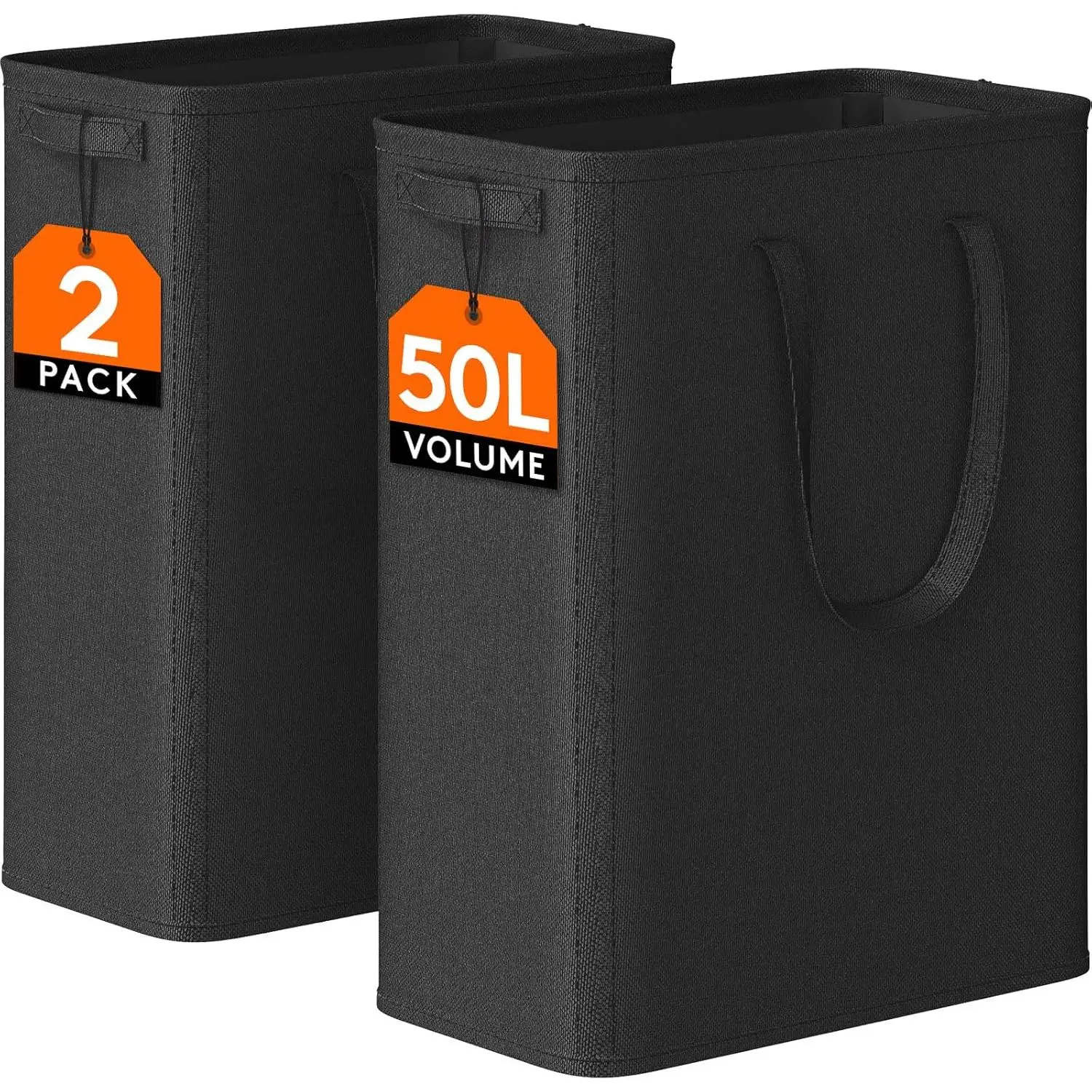 2 Pack Slim Laundry Hamper, Collapsible Narrow Laundry Basket, Small Tall Dirty Clothes Hampers with Handles for Bathroom Bedroom College Dorm, Black, 50L