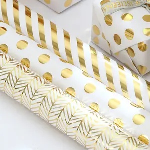Luxury Gold Foil White Wrapping Paper, Elegant Metallic Shine Gift Wrap for Wedding & Birthday, Polka Dot / Stripes / Herringbone Patterns, Premium Minimalist Packaging, 1 Roll
