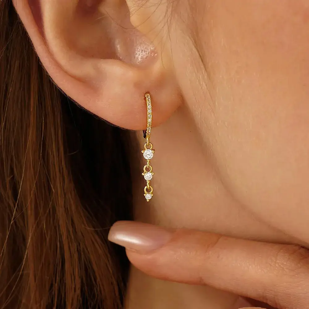 Minimalist Gold 3-Drop Long Diamond Drop Earrings - Hypoallergenic, Versatile Earrings, Bridal Jewelry Accessories, Bridesmaid Gift for Her, Crystals, Birthday, 10Mm, Female, Bridal Wear, Handcrafted