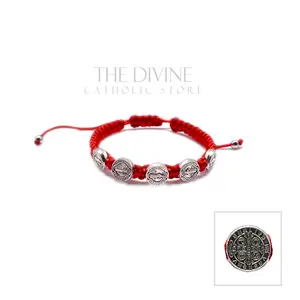 The Divine Catholic Store Red St. Benedict Bracelet 5 Silver Medals Adjustable Nylon Fashion Jewelry for Men & Women