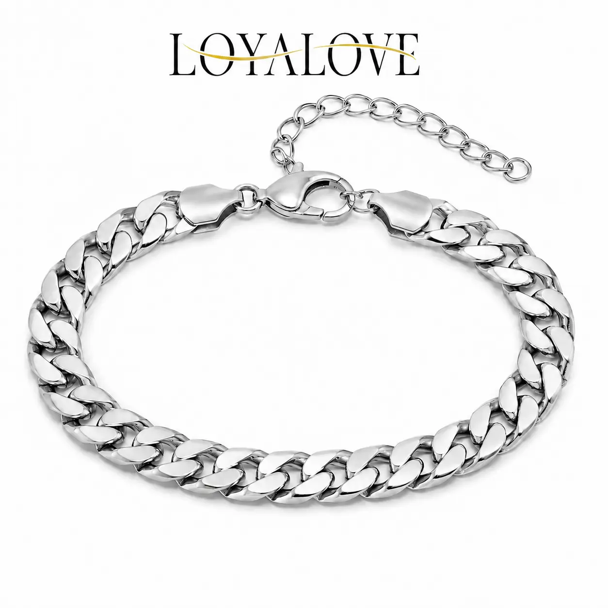 LOYALOVE 9mm Silver-Tone Cuban Link Bracelet for Women & Men, Chunky Curb Chain Stacking Bracelet, Adjustable 6.5 in + 1.6 in Extender, Lobster Clasp, Everyday Statement Jewelry