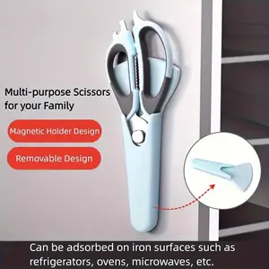 Detachable Stainless Steel Food Scissors, 7-in-1 Multifunctional Kitchen Scissors with Magnetic Holder, Ergonomic Handles, Pastel Pink & Light Blue, Green Gray Blade, Compact Storage