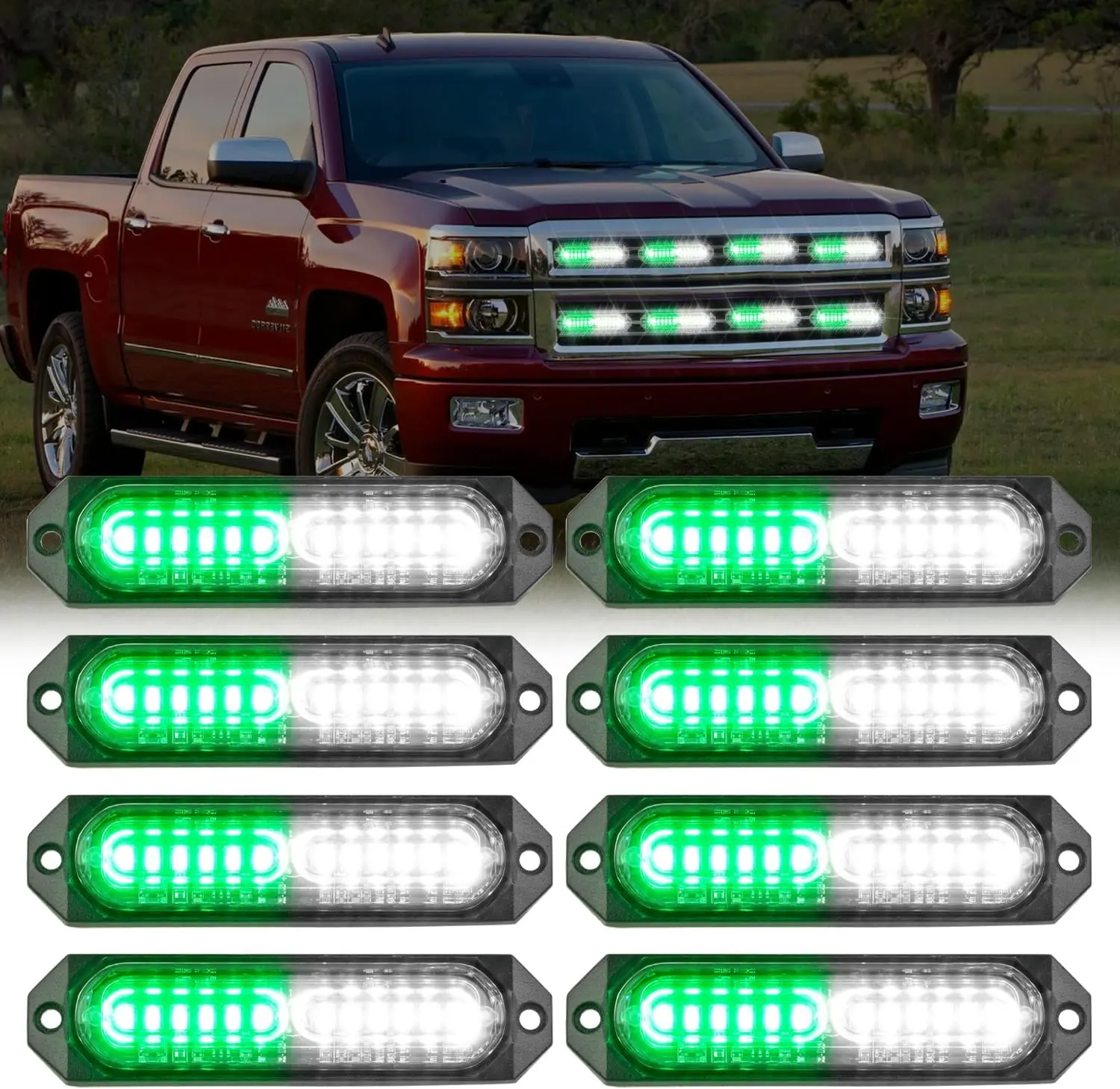 Nilight 8PCS 12LED Green-White Strobe Light Modules, 12V-24V Ultra Slim Surface Mount Work Lights with Sync Feature, Mini Grille for Semi Trucks, Strobe Light Module