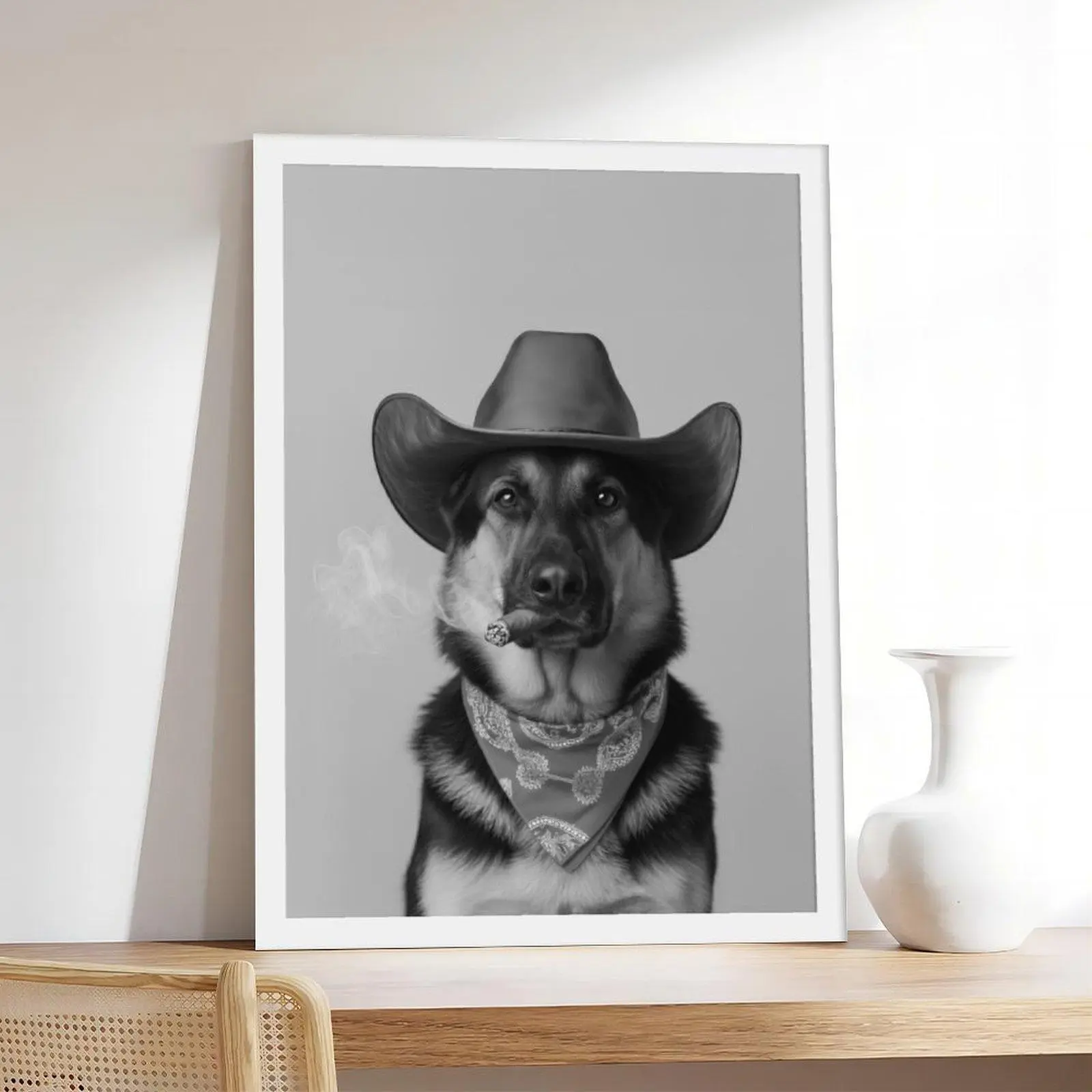 Funny Smoking German Shepherd Cowboy Western Animal Canvas Print - Minimalist Bedroom Wall Art, Warm Indoor Office Decor, Printing Home Gift for Pet Lovers
