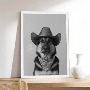 German Shepherd Cowboy – Funny Smoking Dog Western Pet Portrait,Pet & Animal Canvas Print, Minimalist & Neutral-Style Poster, Bedroom Aesthetic Wall Decor.