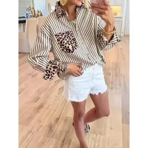 Elegant plus-size leopard-print shirt, casual long-sleeved button-up with pockets, women’s fashionable shirt suitable for everyday wear GARMENTARY