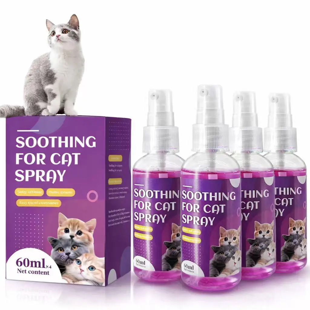 Cat Calming Pheromone Spray, 4 Pack 60ml Soothing Spray for Cats, Drug-Free Cat Anxiety Relief Spray for Travel, Vet Visits, Loud Noises, Carriers, Bedding and Crates