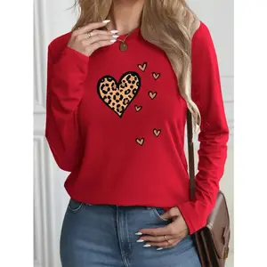 Women's Long Sleeve Tops Vintage Graphic Tees Women's Shirts Women's Graphic Tees Leopard Heart Print Retro - Style Top For Casual Daily Wear Outings And Fashion - Forward Style Statements