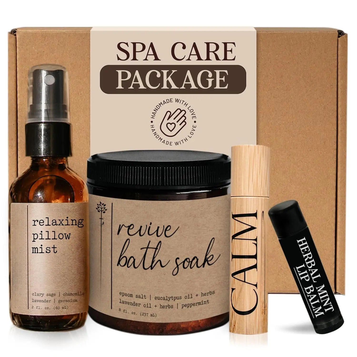 Kit for Women - Relaxing Self Care  Set with Lavender Pillow Spray, Mint Lip Balm, Calm Essential Oil Roller & Epsom Salt Bath Soak - Luxury Pampering Package for  & Bath
