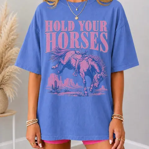 Comfort Colors Hold Your Horses T-Shirt Trendy Cowgirl Graphic Tee Funny Horse Tshirt Retro Western Tee Country Concert Tee Oversized