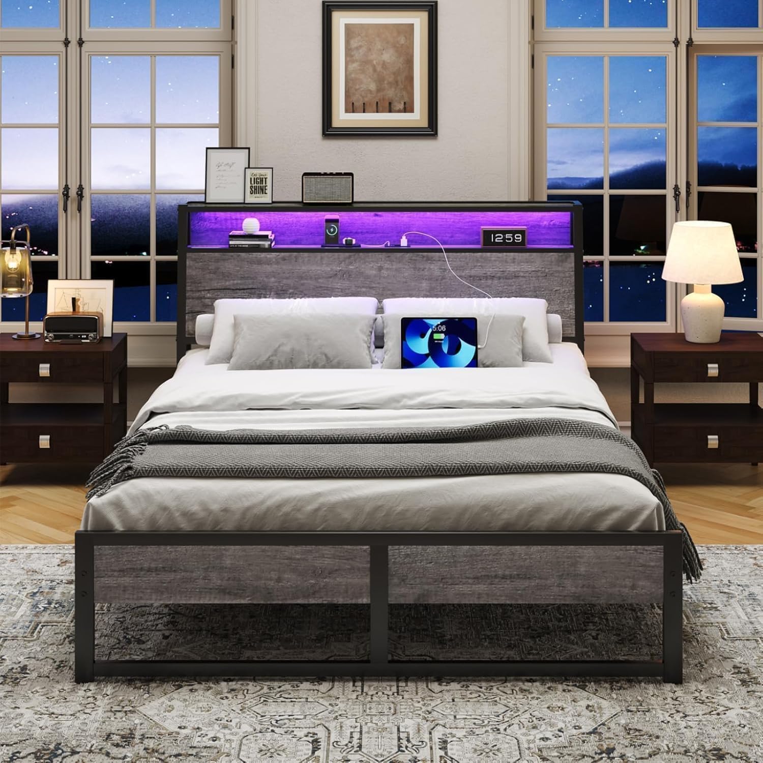 HOMBCK Bed Frame, Bed Frame with LED Light Storage Headboard and Charging Station, Metal Platform Bed Frame Full with Ergonomic Storage Headboard, No Box Spring Needed, Easy Assembly, Grey