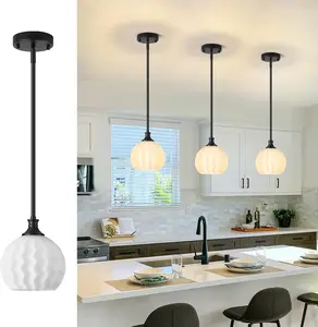 Black Pendant Lights Kitchen Island, 7.3" 1-Light Modern Milk Glass Globe Pendant with Rods Hanging Lighting for Kitchen Sink Bathroom Dining Room