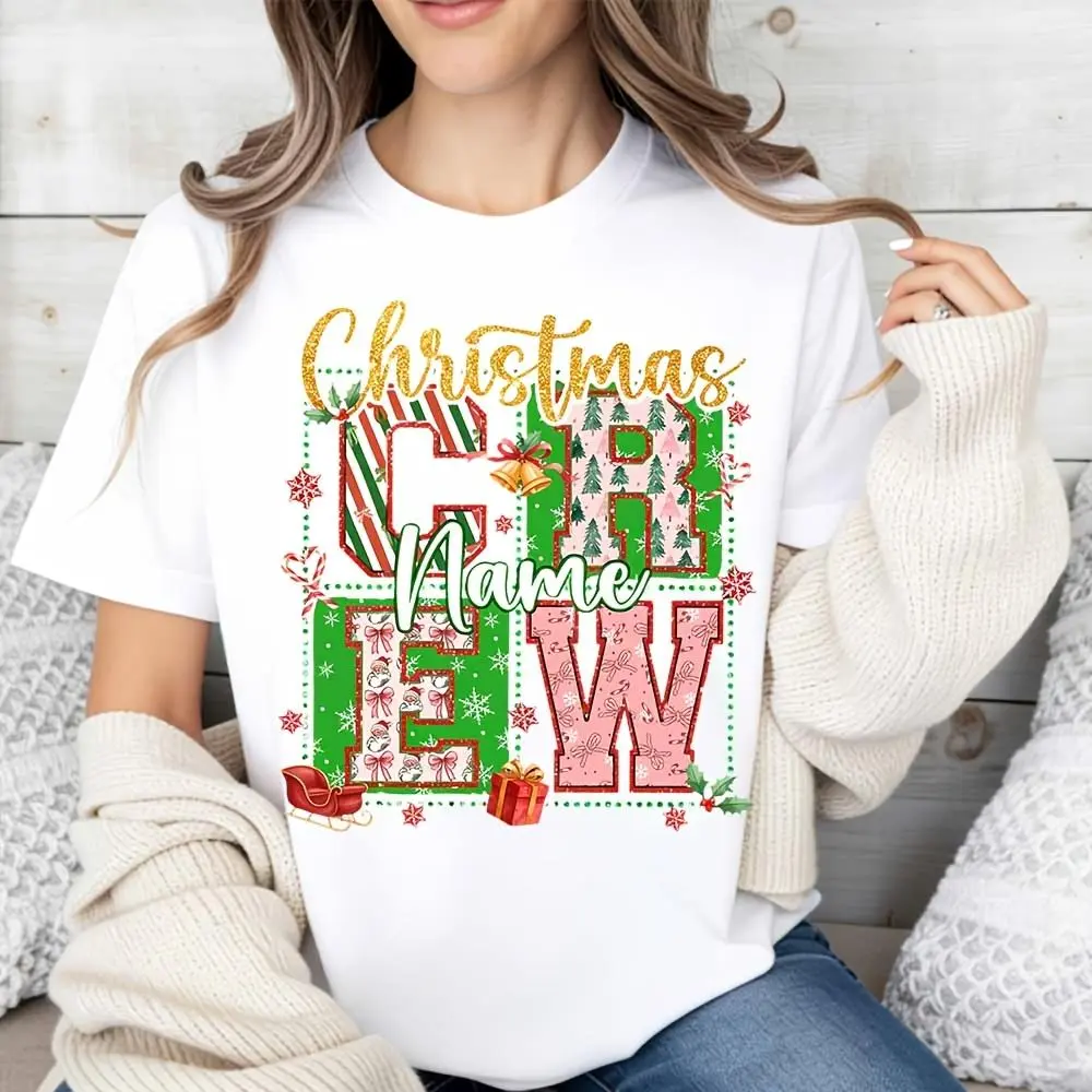 Women's Oversized Flat Cotton Essential Breathable Custom Name Christmas Crew Shirt, Festive Holiday Graphic Tee, Xmas Gift For Women