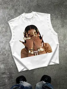 Men's Hip Hop Queen Graphic Studded Sleeveless Tank Top, Tight Vest Top, Retro Rapper Print Streetwear Vest, Edgy Aesthetic Casual Muscle Tee Stylish Tank Tops #HipHopTankTop #RapperPrint #StuddedStreetwear #RetroHipHop #TikTokMadeMeBuyIt