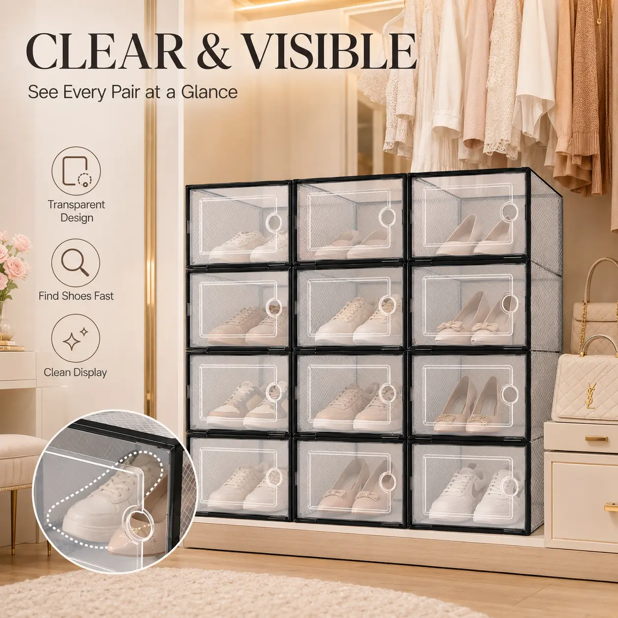 12PCS Clear Stackable Shoe Storage Boxes with Front-Opening Doors, Dust-Proof Space-Saving Sneaker Organizer for Closet, Bedroom & Entryway