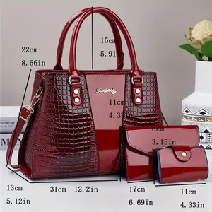 3pcs Elegant PU Handbag Set, Crocodile Pattern Large Capacity Crossbody Bag With Coin Purse And Card Holder, Lightweight Shoulder Sequins Zipper Closure