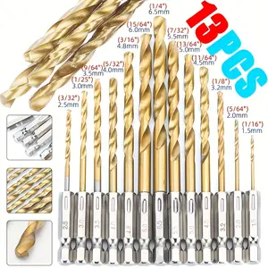 13-Piece Titanium-Coated Drill Bit Set, 1.5-6.5mm High-Speed Steel Twist Bits, Hexagonal Handle, Ideal for Metal, Wood, Plastic Drilling