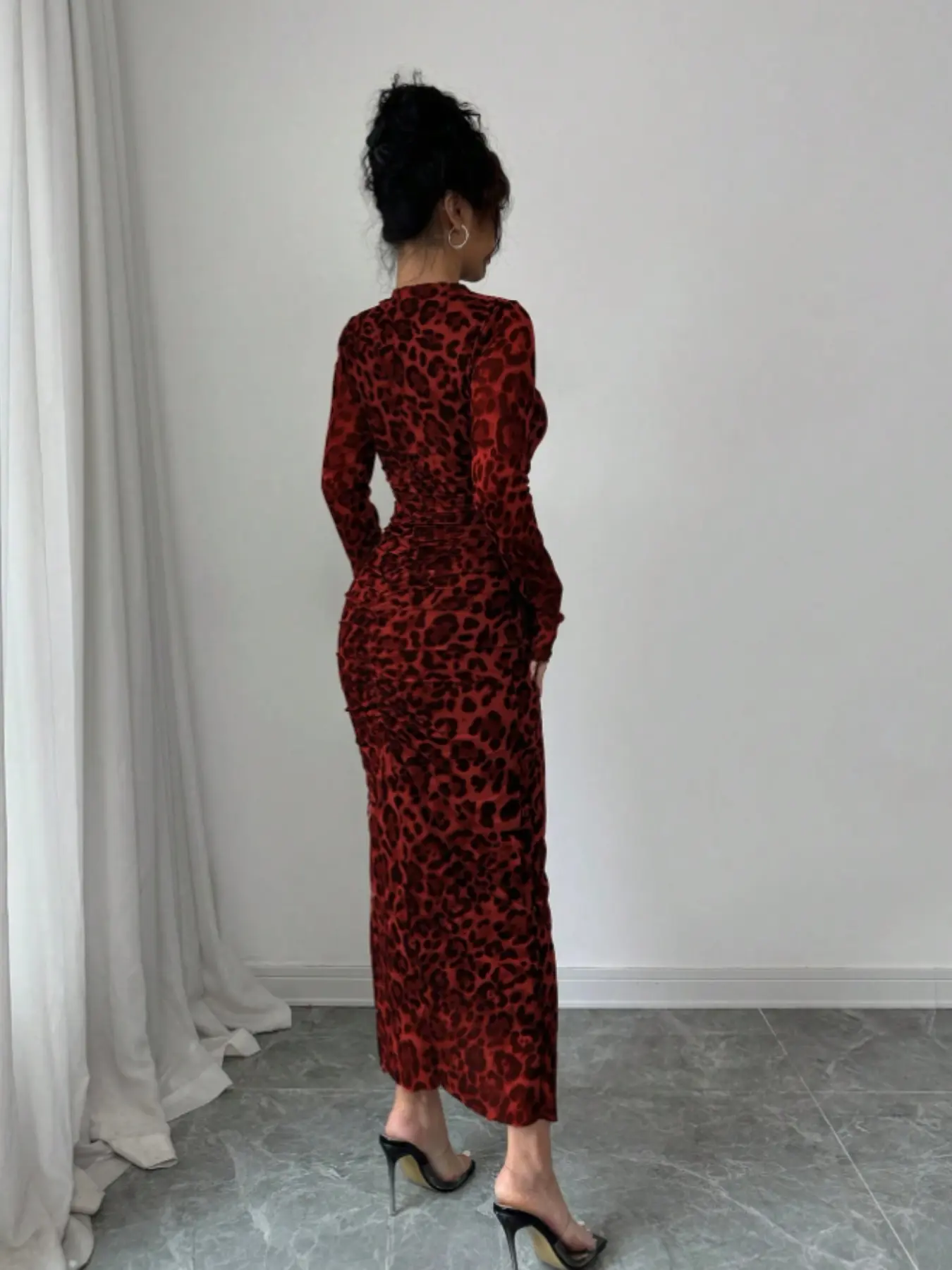 Elegant Chic Leopard Print Mesh Ruched Bodycon Dress, Long Sleeve Slim Fit  Women's Autumn Winter Fashion, Stylish Ladies Formal Evening Wear  Womenswear, Elegant Evening Gown