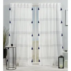 84"x54" Demi Light Filtering Curtain Panel with Tassels Blue - Exclusive Home: Stripe Back Tab Indoor Use