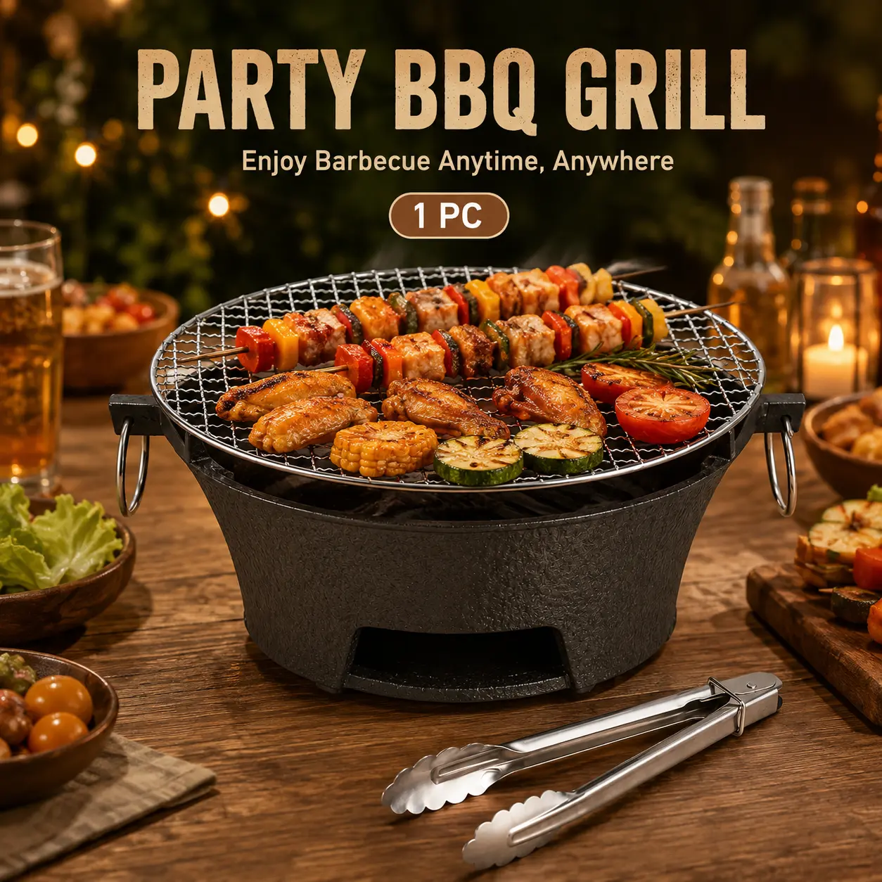 Party BBQ Grill - Enjoy Barbecue Anytime Anywhere 1 PC with Tongs for Outdoor Cooking