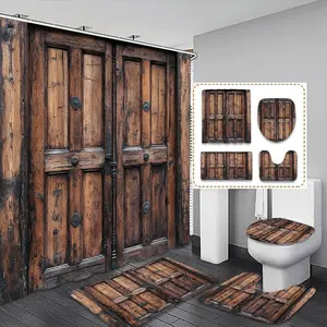 Vintage Barn Door Pattern Bathroom Decoration Accessories, 1 Count Shower Curtain & 1 Count U-shaped Mat & 1 Count Toilet Lid Cover & 1 Count Toilet Mat, Bathroom Decor