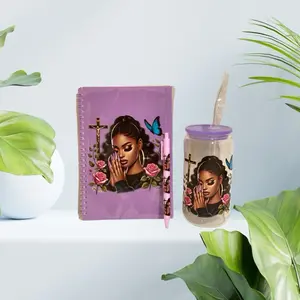 Prayer Woman Journal Set - Purple A5 Size Journal with 80 Sheets, Clear Glass Tumbler & Matching Pen for Daily Reflections and Fresh Drinks