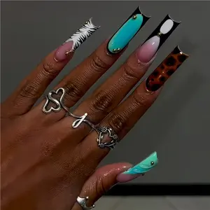 24pcs 3D Mixed Pattern Square Nails, Zebra Leopard Lake Blue Design with Gold Beads, Glossy Reusable False Nails, Y2K Style, Party & Daily Wear