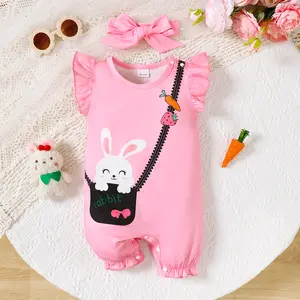 Easter Day Clothes For 1-18M Baby Girls Cute Rabbit Print Flying Sleeve Bodysuits with Headband Set Pink 22412058