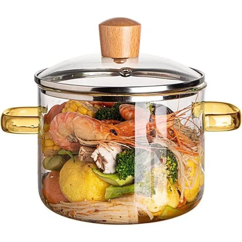 1.5L/50.72oz Premium Borosilicate Solid Glass Simmer Pot - Transparent, Dual Yellow Handles, Non-Toxic, Durable, Easy-to-Clean Double-Handled Deep Saucepan, Heat Resistance Heatproof Cookware for Soup, Milk (Microwave-Safe, Stove-Top Pots), Double-Handled