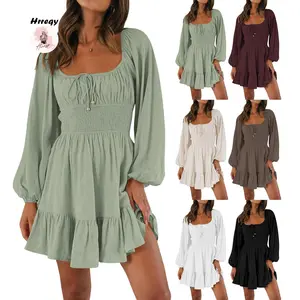Women's Autumn Short A-line Dress Long Sleeve Square Neck Ruched Tie Up Party Dress