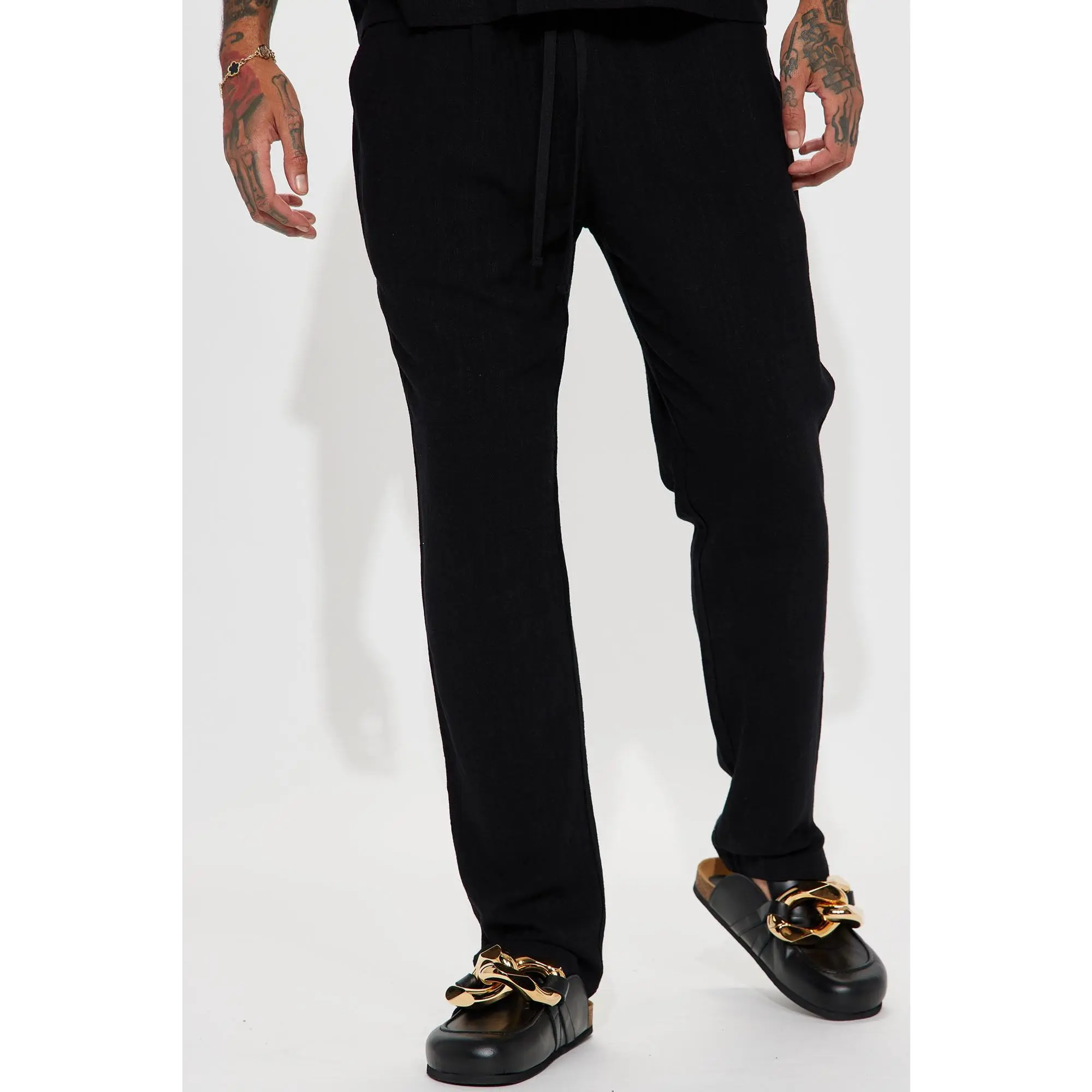 Solid Textured Linen Pull On Side Slit Pants - Black