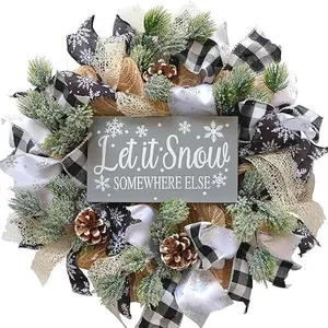 Christmas Winter Mesh Wreaths for Front Door - 18Inch Holiday Wreath Outdoor Indoor Weave with Fibers, Pine Cones and Needles for Home Party and Market Decorations