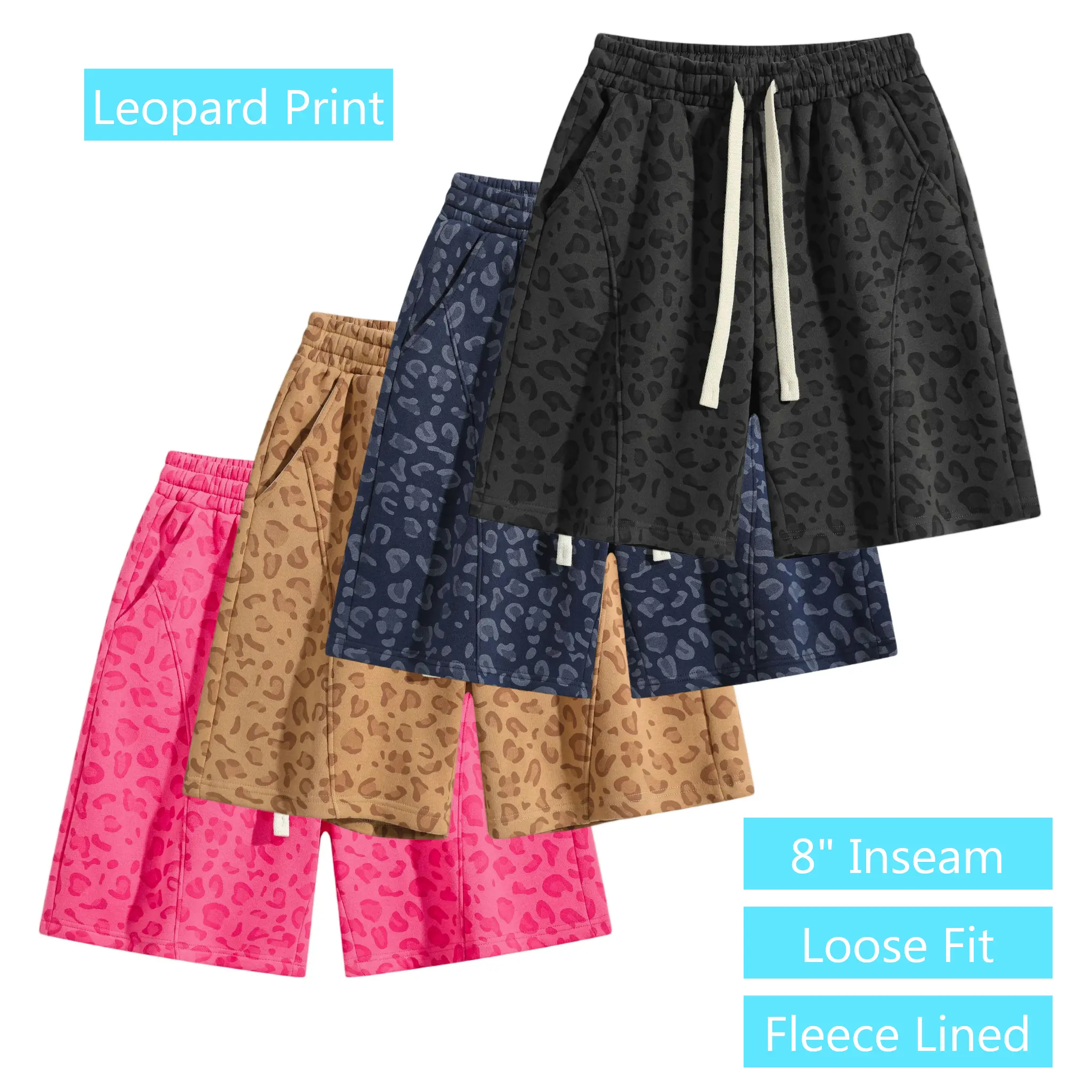 Women's Fleece Lined Bermuda Short, Leopard Print or Acid Wash Retro 2 Style, Basic Baggy Daily Wear Shorts with Pockets, Minimalist Casual Athletic Lounge Womenswear Bottom