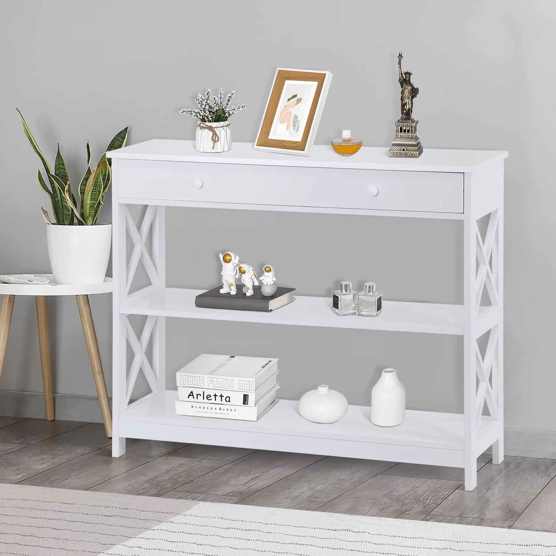 SuperDealUsa X-Design MDF Wood Console Table - Modern High-Load Indoor Furniture with 1 Drawer, 3-Tier Setup, 2 Storage Shelves, X-Side Detail, Long Narrow Side Table Dresser for Living Room, Entryway, Sofa Side, Living Room Tables,summerwins