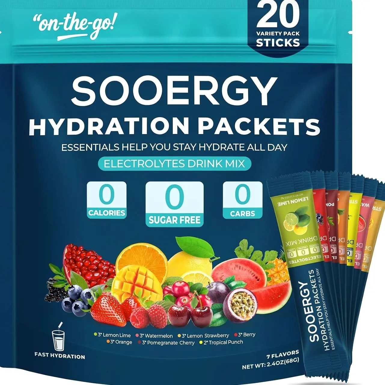 Electrolytes Powder Packets Sugar Free Hydration Packets, 7 Flavors Liquid Daily IV Electrolyte Drink Mixes for Rehydration with Electrolytes, Vitamins, 0 Calorie, 20 Sticks