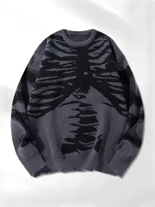 Men's Knitted Sweater, Skeleton Pattern Design, Casual Trendy Style, Soft Warm Fabric, Long Sleeve Knitwear, Ideal Gift for Him, Fall & Winter Wear